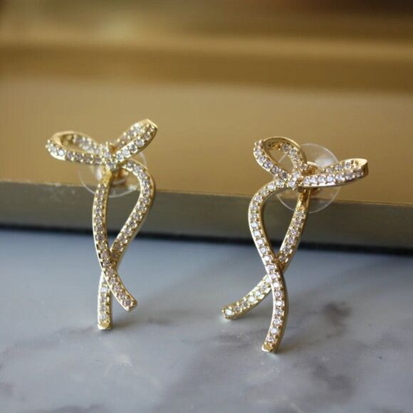 Crystal Bow Earrings in Gold - Picture 2 of 10
